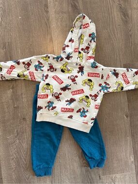 Marvel Kids Hoodie & Blue Joggers Set - White Hoodie with Superhero Print